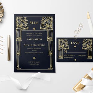 Art Deco Inspired Wedding Invitation/ Great Gatsby Wedding Invitation/  Black and Gold Invitation/ Art Deco roaring 1920s invite