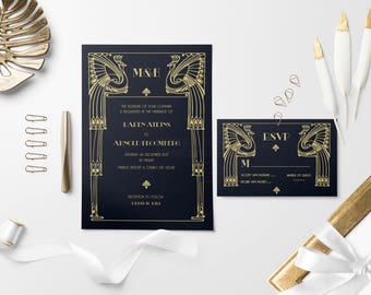 Invitación de boda Art Déco, estilo años 20, dorado y negro (archivo digital)