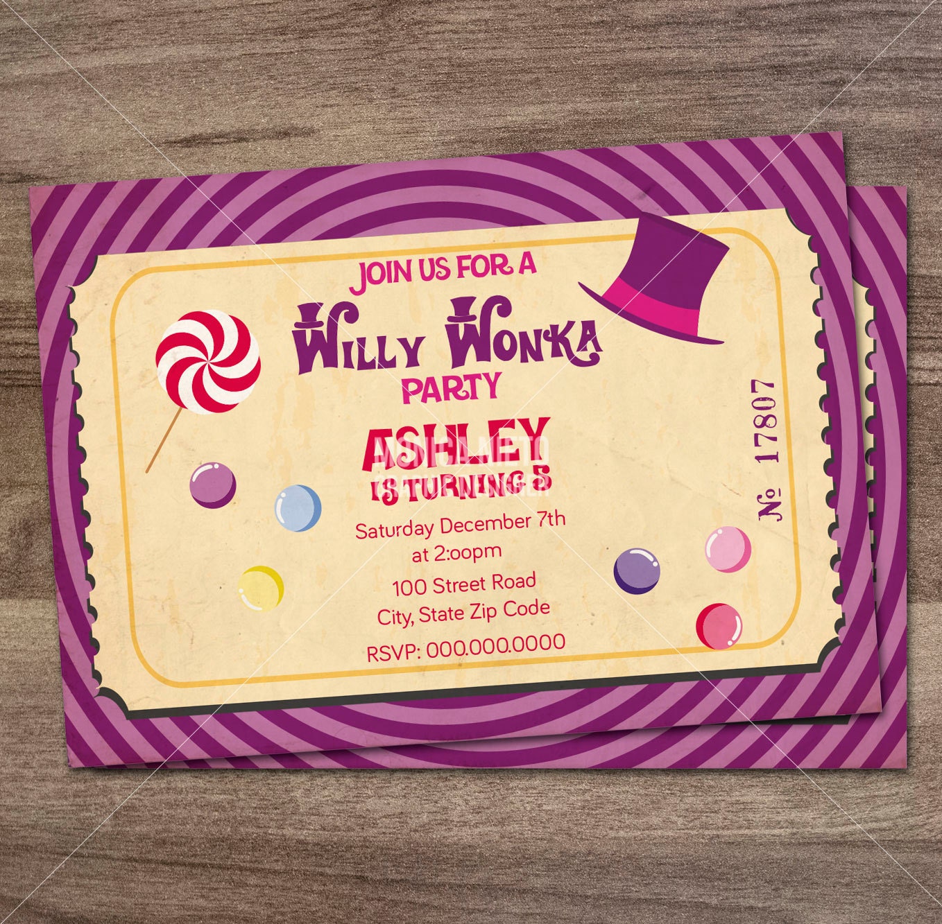 Willy Wonka Birthday Party Invitation/ Charlie and the Chocolate