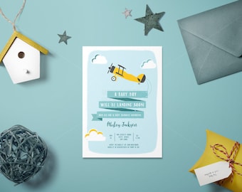 Airplane Baby Shower Invitation, Up Up and Away Theme (Digital)