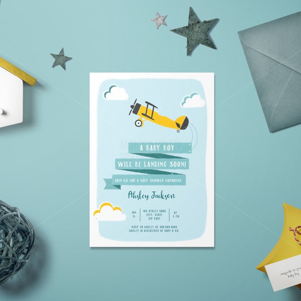 Airplane Baby Shower Invitation/ Up Up and Away A Baby Boy Is On His Way/ Boy baby Shower Invitation/ Aviation baby shower invitation