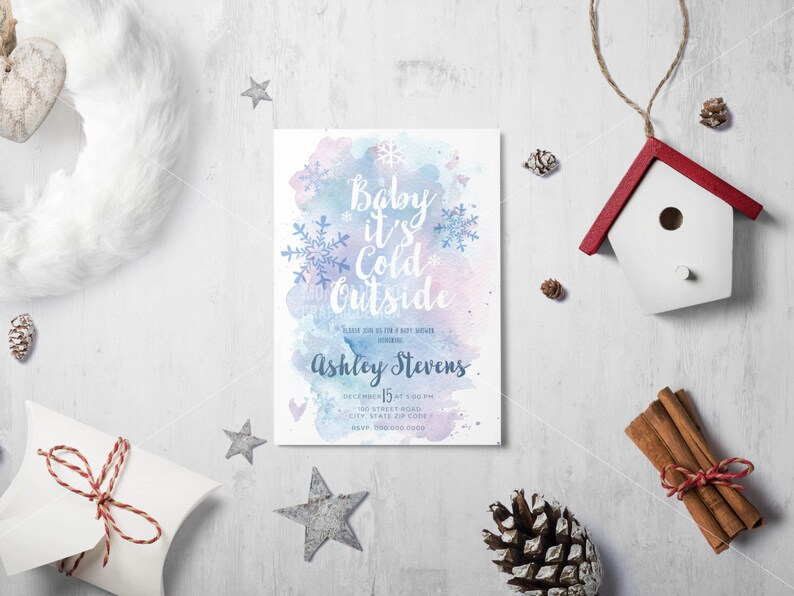 Printable Baby It's Cold Outside/ Winter Woodland Girl and Boy Birthday Invitation/ Baby Shower Invitation/ Snowflake Invite/1st Birthday image 1