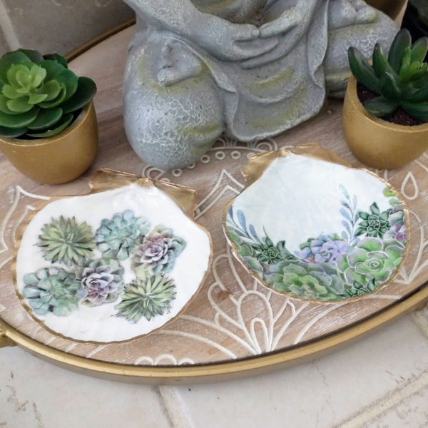 Succulent shell trinket dishes, scallop shell art, ring dish, handcrafted gift, aloe plant palm trees art gifts, artisan gift