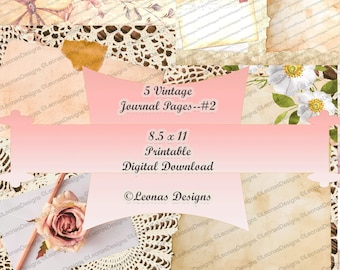 Vintage Journal Pages #2 --Five (5) Printable 8.5x11 Journal Pages- -Digital Download.