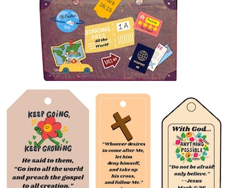 Mark 16:15 Retro Suitcase Pocket Kit with Scripture Tags is a printable digital download