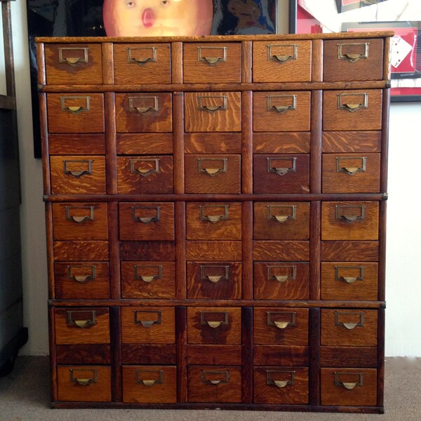 Vintage Oak Globe 35 Drawer Library Card Catalog Storage Cabinet