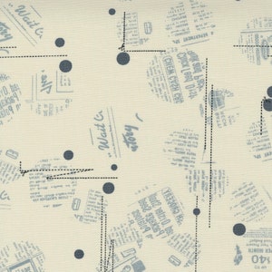 May include: A beige fabric with a blue and white newspaper print pattern. The print includes the words "Wait C" and "Troy". There are also scattered blue polka dots.