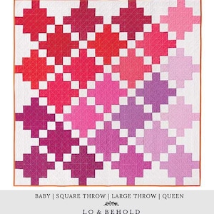 May include: A quilt pattern called "Celtic Crossing 2.0" by Brittany Lloyd. The pattern features a colorful quilt with a geometric design in shades of red, pink, and purple. The quilt is precut friendly and available in baby, square throw, large throw, and queen sizes.