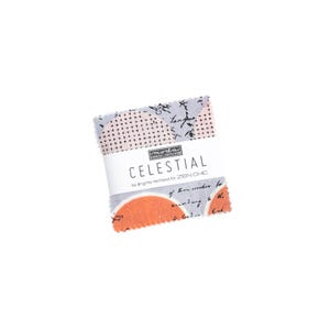 May include: A stack of fabric squares with a white label that reads "CELESTIAL" by Brigitte Heitland for ZEN CHIC. The fabric has a light blue, orange, and pink color scheme with a variety of patterns, including small crosses and script.