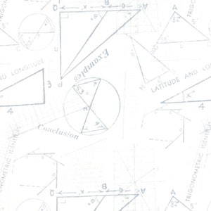 May include: A white background with a blue geometric pattern of triangles, circles, and squares. The pattern includes the words "Examples", "Conclusion", "Latitude and Longitude", and "Trigonometric Identities".