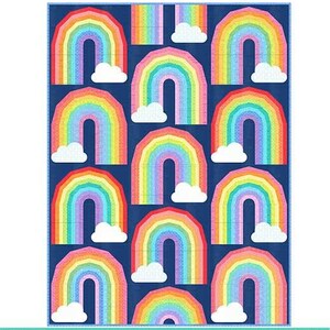 May include: A quilt pattern called "Promise" by Sarah Thomas of Saridity. The pattern features a colorful rainbow design on a dark blue background. The finished size of the quilt is 60 inches by 80 inches. The pattern is for confident beginners and uses foundation paper piecing.