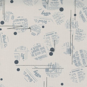 May include: A white fabric with a blue and black pattern. The pattern includes polka dots, newspaper clippings, and the text "Wait C." repeated throughout the fabric.