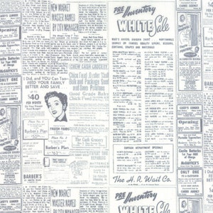May include: A black and white newspaper clipping advertising a pre-inventory white sale with various items such as tablecloths, curtains, and towels. The ad includes prices and descriptions of the items on sale.