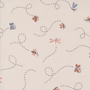 May include: A beige fabric with a repeating pattern of various insects, including butterflies, dragonflies, and bees. The insects are flying along dotted lines.
