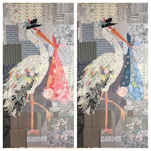 May include: A white stork with a black hat and a long orange beak is carrying a baby wrapped in a pink blanket. The stork is standing on a patchwork background with a variety of patterns and colors.