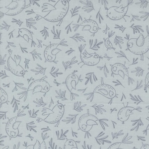 May include: A light blue fabric with a repeating pattern of stylized birds and leaves. The birds are drawn in a simple, whimsical style and are facing different directions. The leaves are also stylized and have a delicate, flowing appearance.