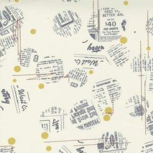 May include: Off-white fabric with a retro newspaper print. The design includes newspaper clippings, headlines, and text in black and grey, with scattered yellow dots and dashed lines. A vintage-style textile.