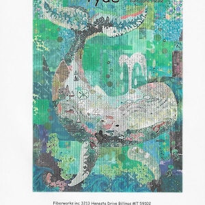 May include: A colorful abstract painting of a whale with the title "Tyde" by Laura Heine. The painting is a collage of different textures and patterns, including stripes, dots, and swirls. The whale is a light blue color with a white belly and a dark blue tail. The background is a mix of green, blue, and white.
