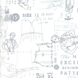 May include: A white and gray vintage sewing pattern with illustrations of women wearing clothing. The pattern includes instructions for making a garment in size 12 with a 30 inch bust and 33 inch hip. The text on the pattern reads "The New Excello Beginning Pattern".