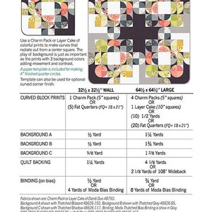 May include: A quilt pattern titled "Partial Eclipse" with two size options: Wall (32.5" x 32.5") and Large (64.5" x 64.5"). The design features curved block prints with a center square and background colors.