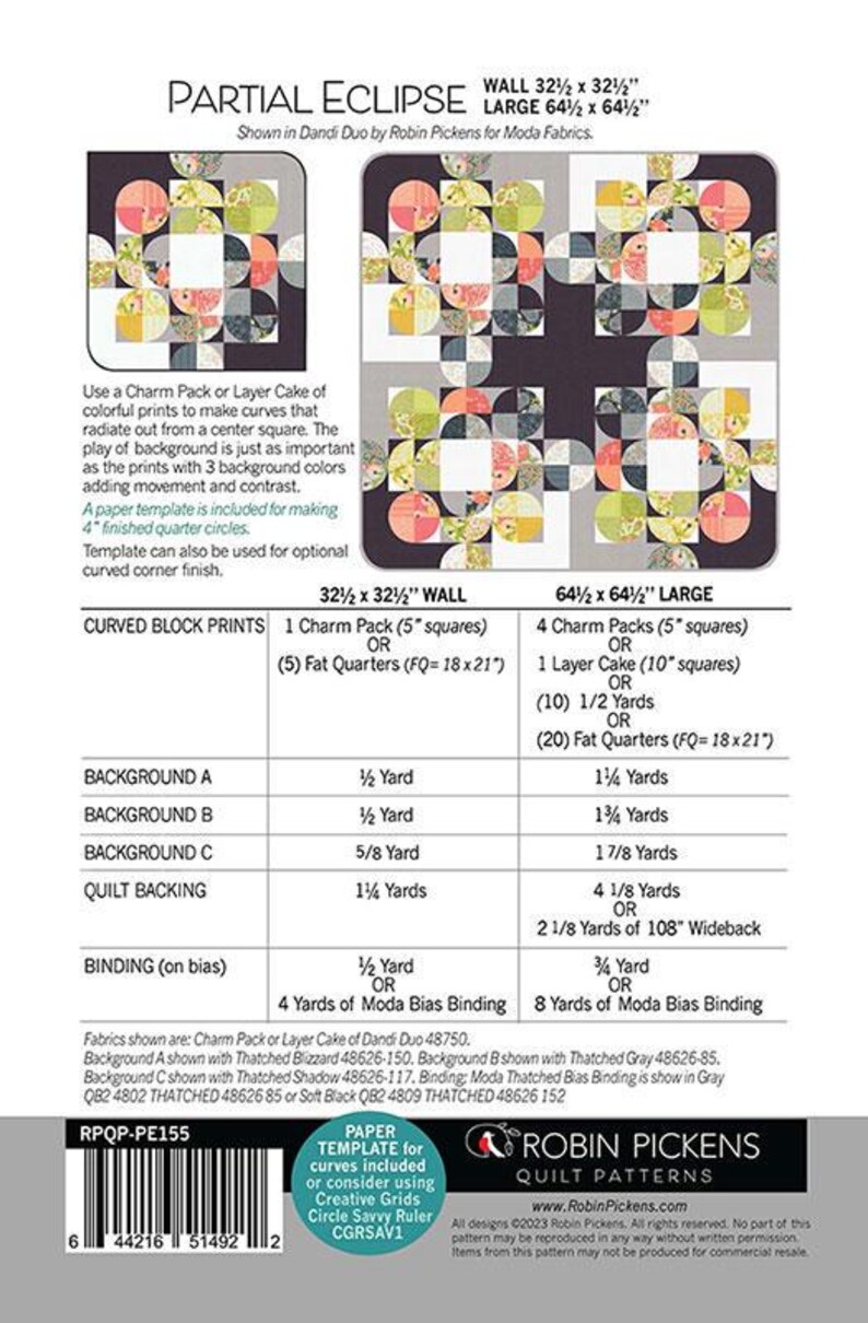 May include: A quilt pattern titled "Partial Eclipse" with two size options: Wall (32.5" x 32.5") and Large (64.5" x 64.5"). The design features curved block prints with a center square and background colors.