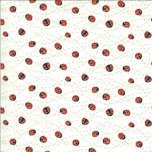 May include: A white background with a repeating pattern of red ladybugs with black spots. The ladybugs are scattered randomly across the background.