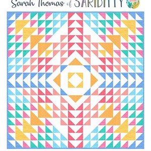 May include: A quilt pattern called "Sparkle & Glitter" by Sarah Thomas of Sariditty. The pattern features a colorful geometric design with a central square surrounded by triangles. The quilt is 54 inches by 54 inches and is suitable for confident beginners. It is also fat quarter bundle friendly.