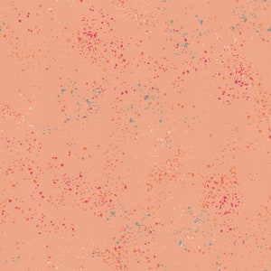 May include: A peach-colored background with a scattered pattern of small dots in shades of pink, orange, and blue.