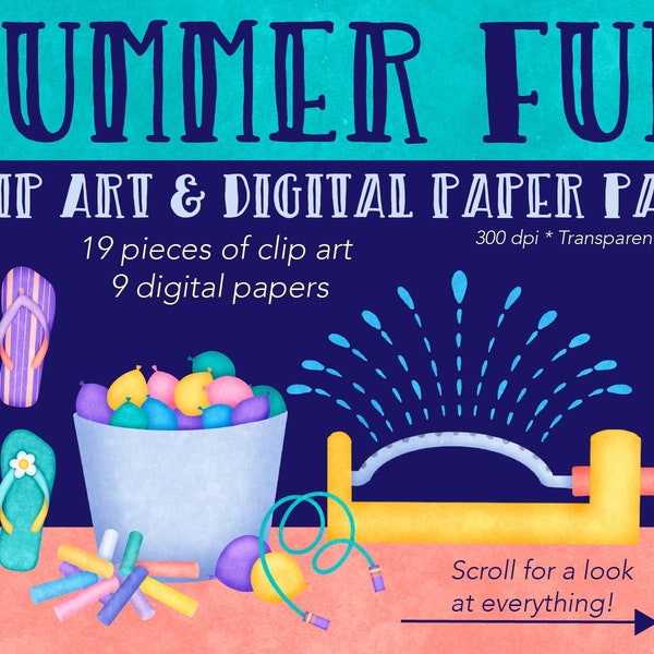 Summertime Fun Clip Art & Digital Paper Pack - Scrapbooking - Invitations - Posters - Flyers - Artwork - Chalk Textured