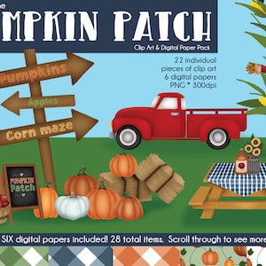 Può includere: Un pacchetto di carta digitale e clip art sul tema di una giornata al campo di zucche. L'immagine mostra un camioncino rosso, uno spaventapasseri, zucche, mele, un labirinto di mais, un tavolo da picnic e un cartello che dice "Pumpkin Patch".