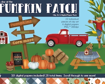 A Day at the Pumpkin Patch Clip Art & Digital Paper Pack - Scrapbooking - Invitations - Posters - Flyers - Artwork