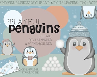 Playful Penguins Clip Art & Digital Paper Pack - Scene Building- Scrapbooks - Invitations - Posters - Flyers - Artwork