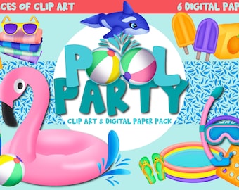 Pool Party Clip Art & Digital Paper Pack - Scrapbooking - Invitations - Posters - Flyers - Artwork