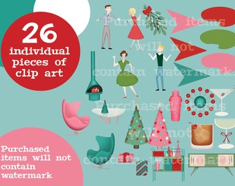 Mid-century Cocktail Christmas Clip Art & Digital Paper Pack