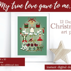 Op de afbeelding: Een printbare digitale kunstdruk van 8x10 inch met een grillige illustratie van de 12 dagen van Kerstmis. De print heeft een groene achtergrond met een cirkel van kleurrijke illustraties van de geschenken uit het lied, waaronder een patrijs in een peerboom, twee tortelduiven, drie Franse hennen, en meer. De tekst "12 Days of Christmas art print" staat in rood en wit bovenaan de print.