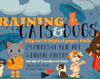 Raining Cats and Dogs Clip Art & Digital Paper Pack - Scrapbooking - Invitations - Posters - Flyers - Artwork