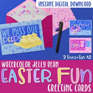 May include: Three watercolor Easter greeting cards featuring a pastel jelly bean background. The cards feature the text "We Miss Our Peeps", "Hope Your Easter Overflows With Joy", and "Some Bunny Loves You".