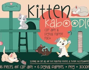 Kitten Caboodle Clip Art & Digital Paper Pack - Invitations - Cards - Scrapbooks - Instant Download
