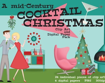 Mid-Century Cocktail Christmas Clip Art & Digital Paper Pack - Invitations - Cards - Scrapbooks - Instant Download