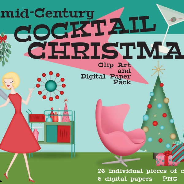 Mid-Century Cocktail Christmas Clip Art & Digital Paper Pack - Invitations - Cards - Scrapbooks - Instant Download