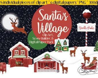 Santa&#39;s Village Clip Art & Digital Paper Pack - Scene Building- Scrapbooks - Invitations - Posters - Flyers - Artwork