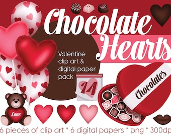 Chocolate Hearts Valentine Clip Art & Digital Paper Pack - Invitations - Cards - Scrapbooks - Instant Download
