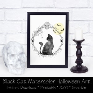 Black Cat Halloween Art - Instant Download - Printable Art