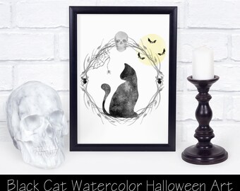 Black Cat Halloween Art - Instant Download - Printable Art