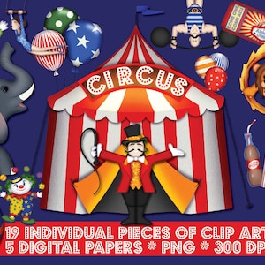 Paquete de imágenes prediseñadas y papel digital de circo: álbumes de recortes, invitaciones, carteles, volantes y obras de arte