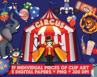 Circus Clip Art and Digital Paper Pack - Scrapbooking - Invitations - Posters - Flyers - Artwork