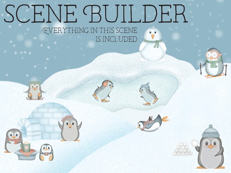 Playful Penguins Clip Art &amp; Digital Paper Pack - Scene Building ...