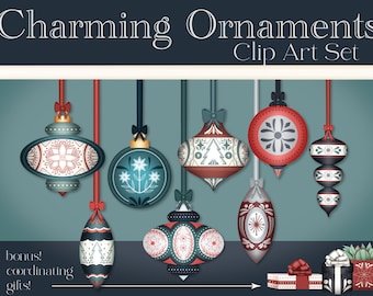 Charming Ornaments Christmas Clip Art & Digital Paper Pack - Invitations - Cards - Scrapbooks - Instant Download