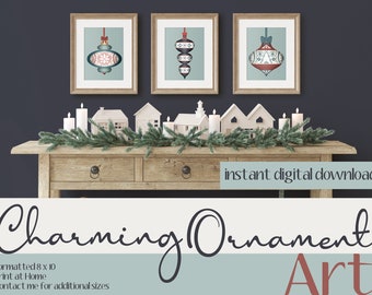 Charming Ornaments- Hand Drawn Holiday Triptych - Instant Digital Download - 8 x 10 - Print at Home