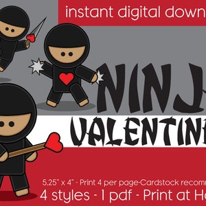 Ninja Valentines - Instant Digitale Download - Afdrukbaar